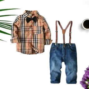 4-piece Outfit Sets Striped Shirt Jeans Belt Bowtie Set Long-sleeve Top For Toddlers Boys