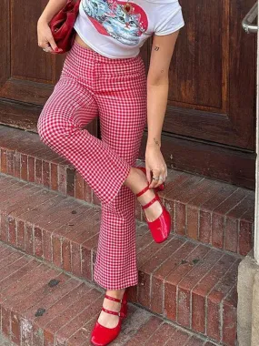 Aiertu Women Red Gingham Straight Leg Flare Pants High Waist Plaid Checkerboard Printed Y2k Vintage Trousers Summer Streetwear