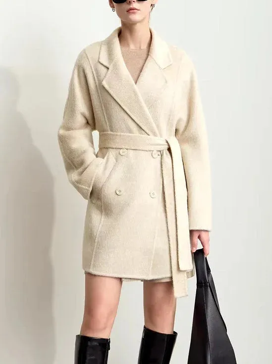 Alpaca and Wool-Blend Belted Coat in Light Beige