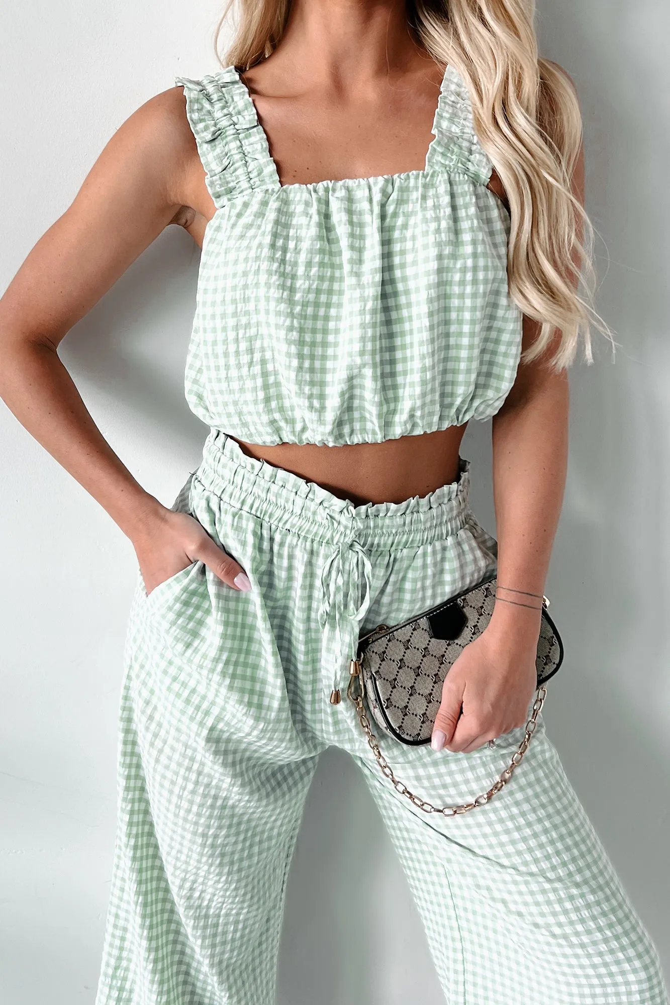 Amanda Gingham Print Crop Top (Sage)