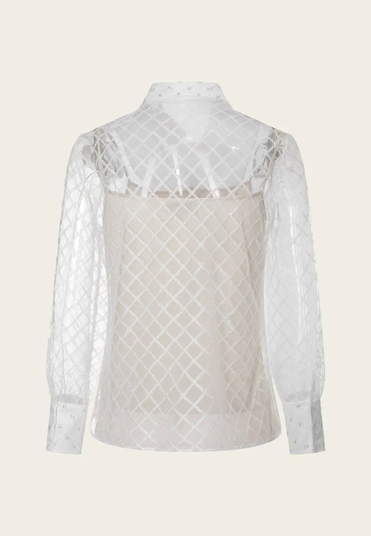 Bead-detailing Embroidery White Mesh Shirt