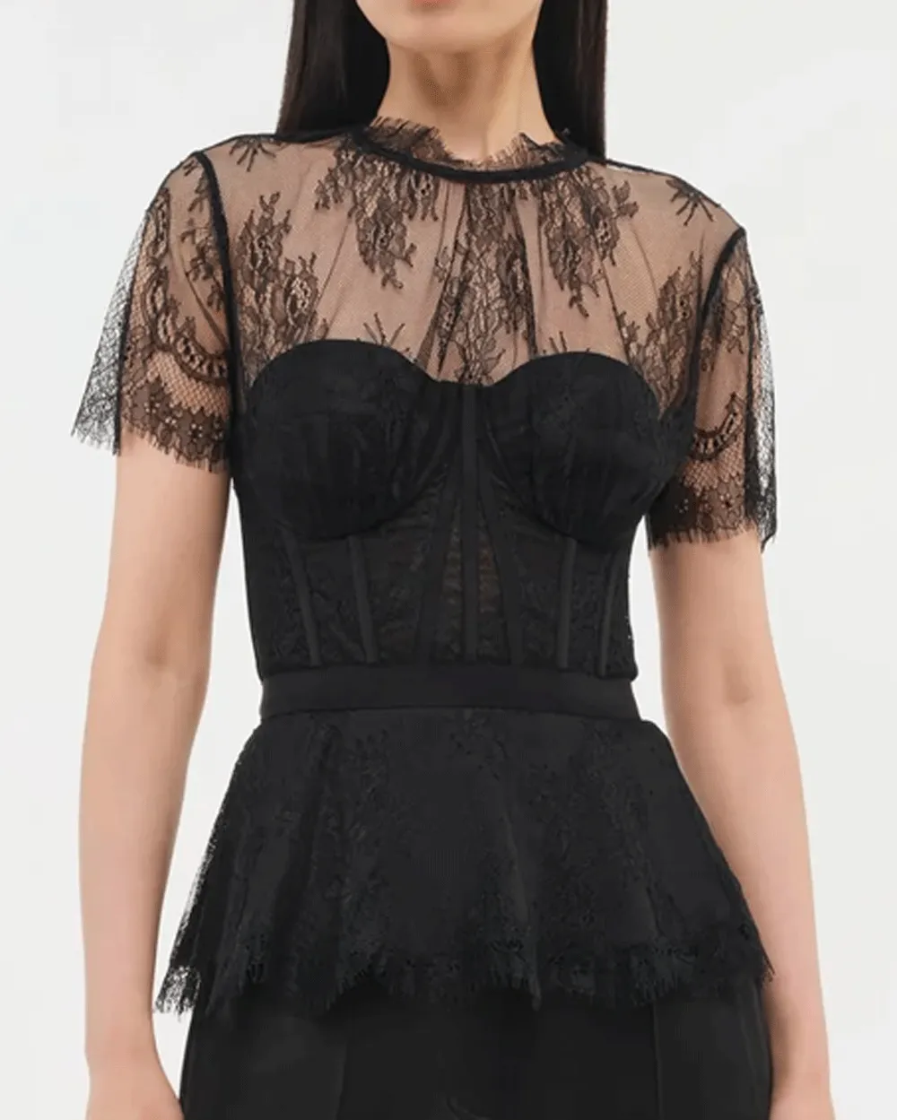 Black Kehlani Lace Short Sleeve Bustier Top