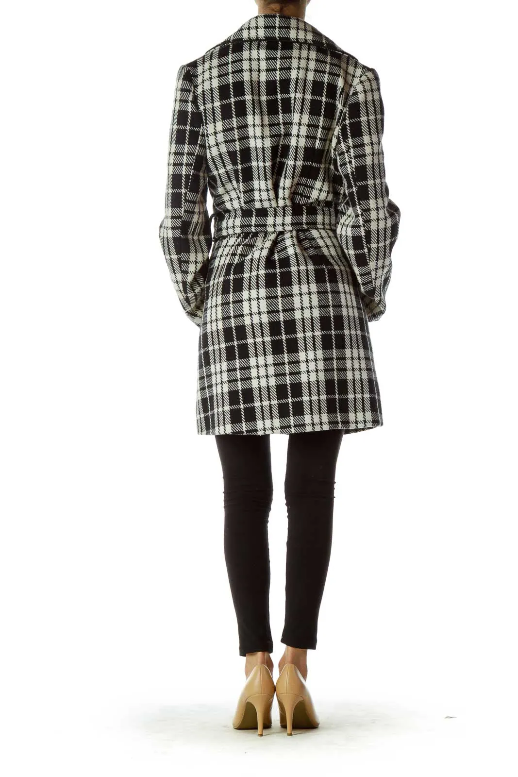 Black White Plaid Double Breasted Coat