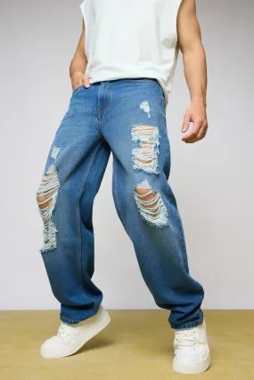 Blue Raw Distressed Men's Slouchy Jeans