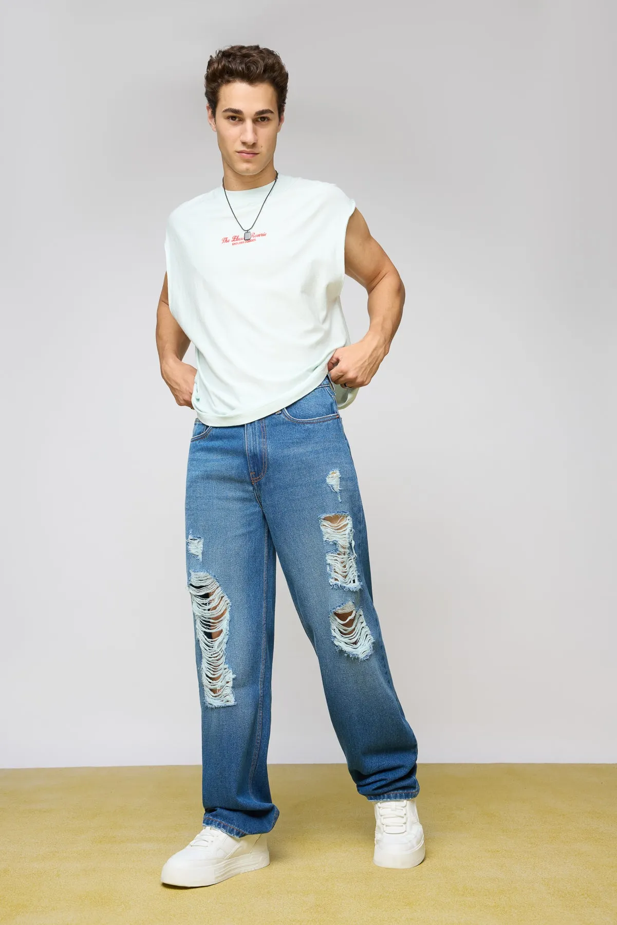 Blue Raw Distressed Men's Slouchy Jeans