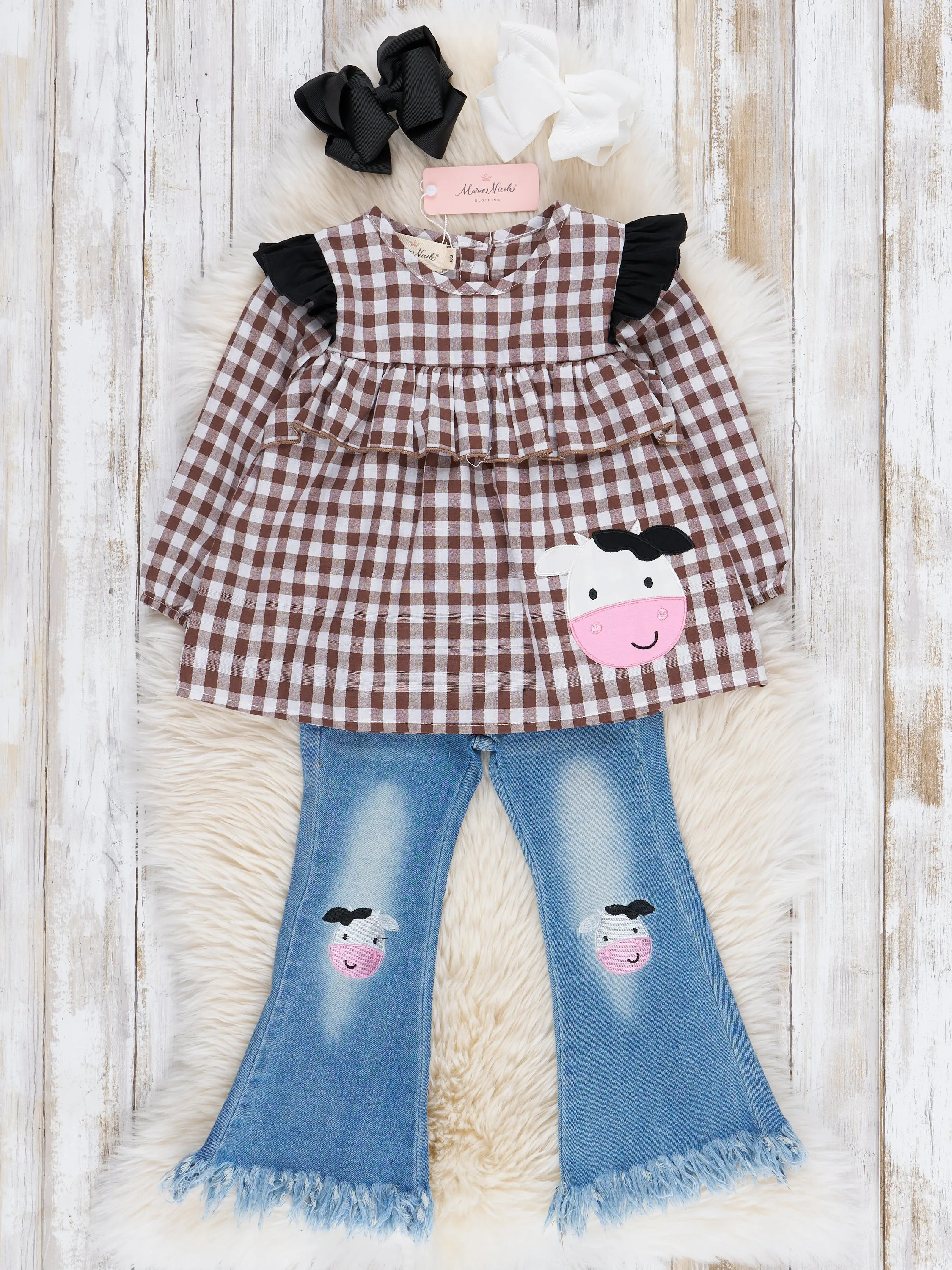 Brown Gingham Cow Denim Outfit