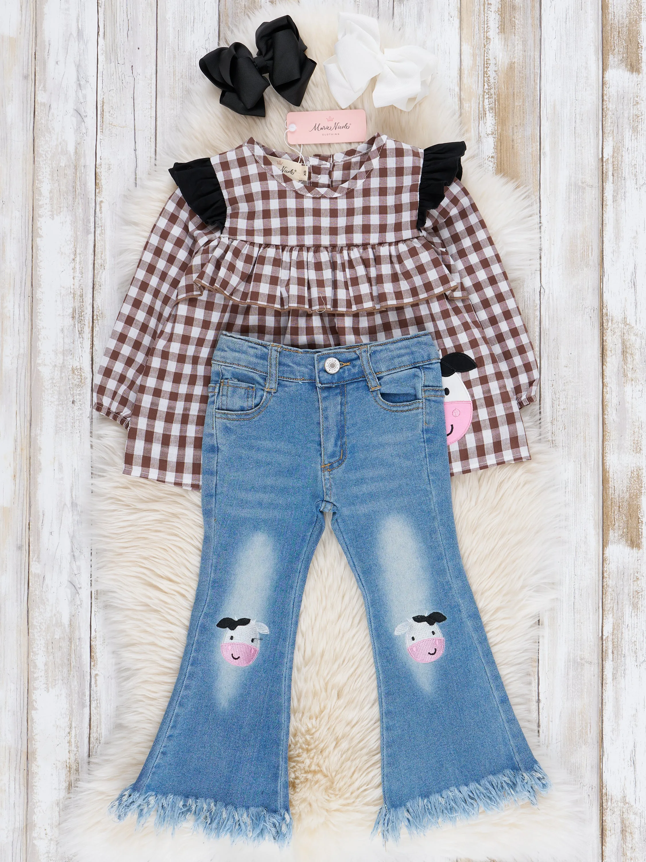 Brown Gingham Cow Denim Outfit