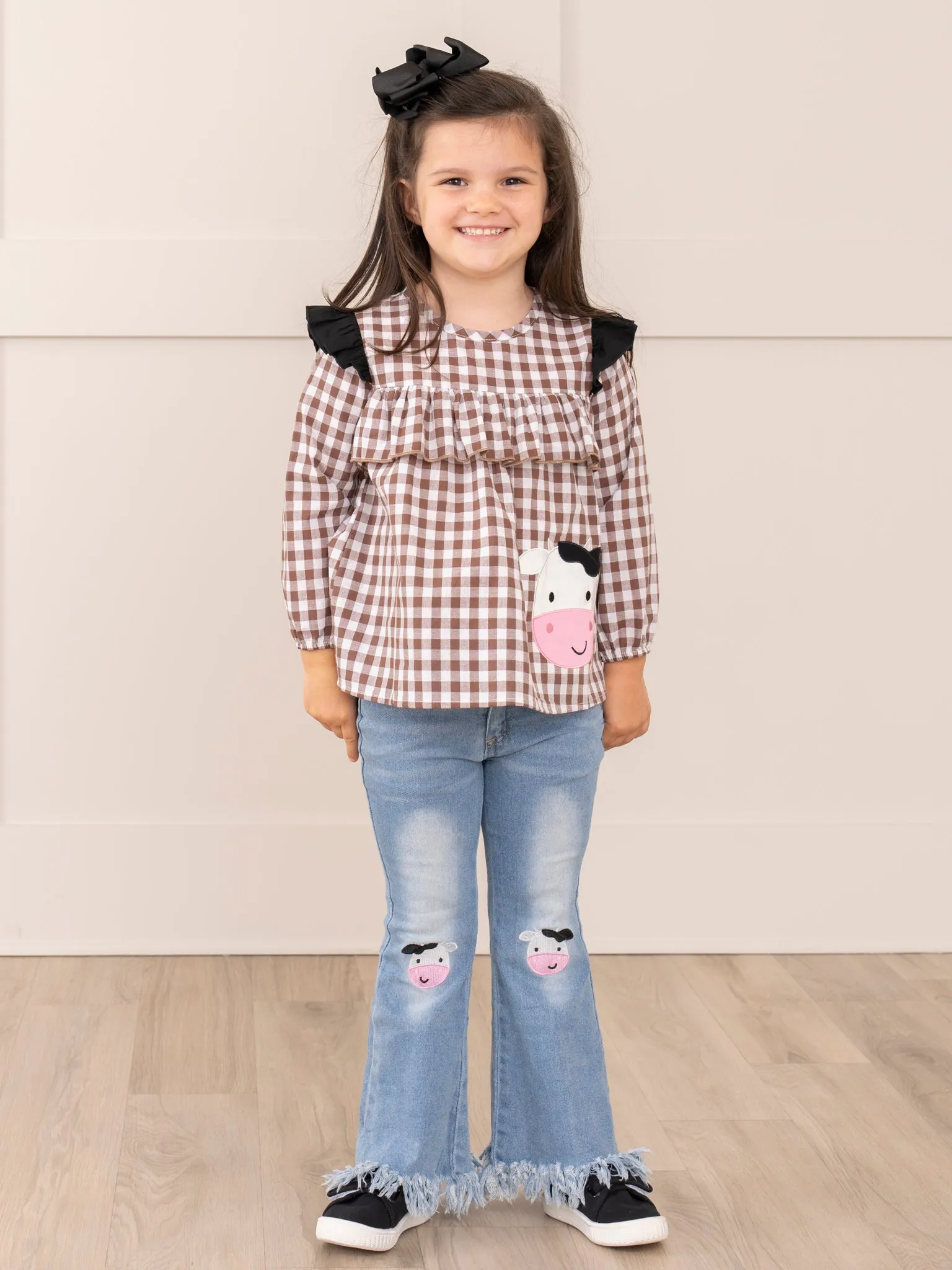 Brown Gingham Cow Denim Outfit