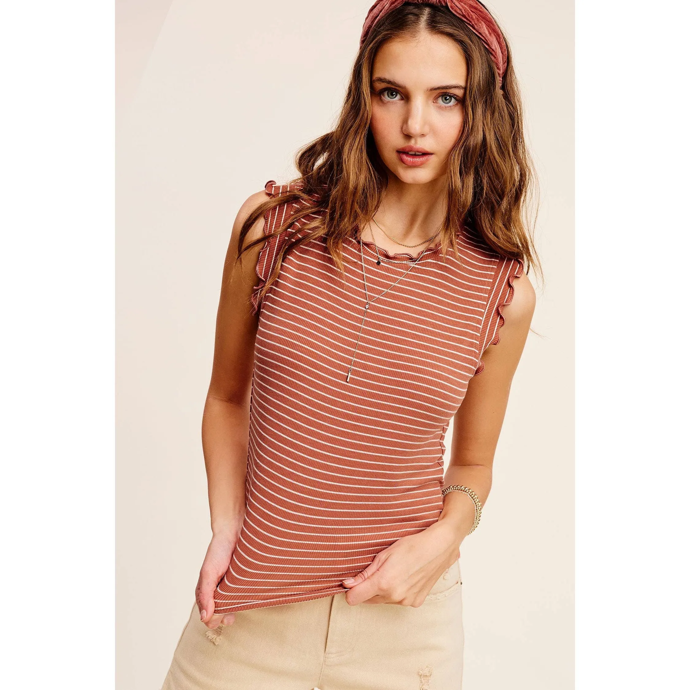 Brushed Stripe Ruffle Sleeve Spring Summer Top