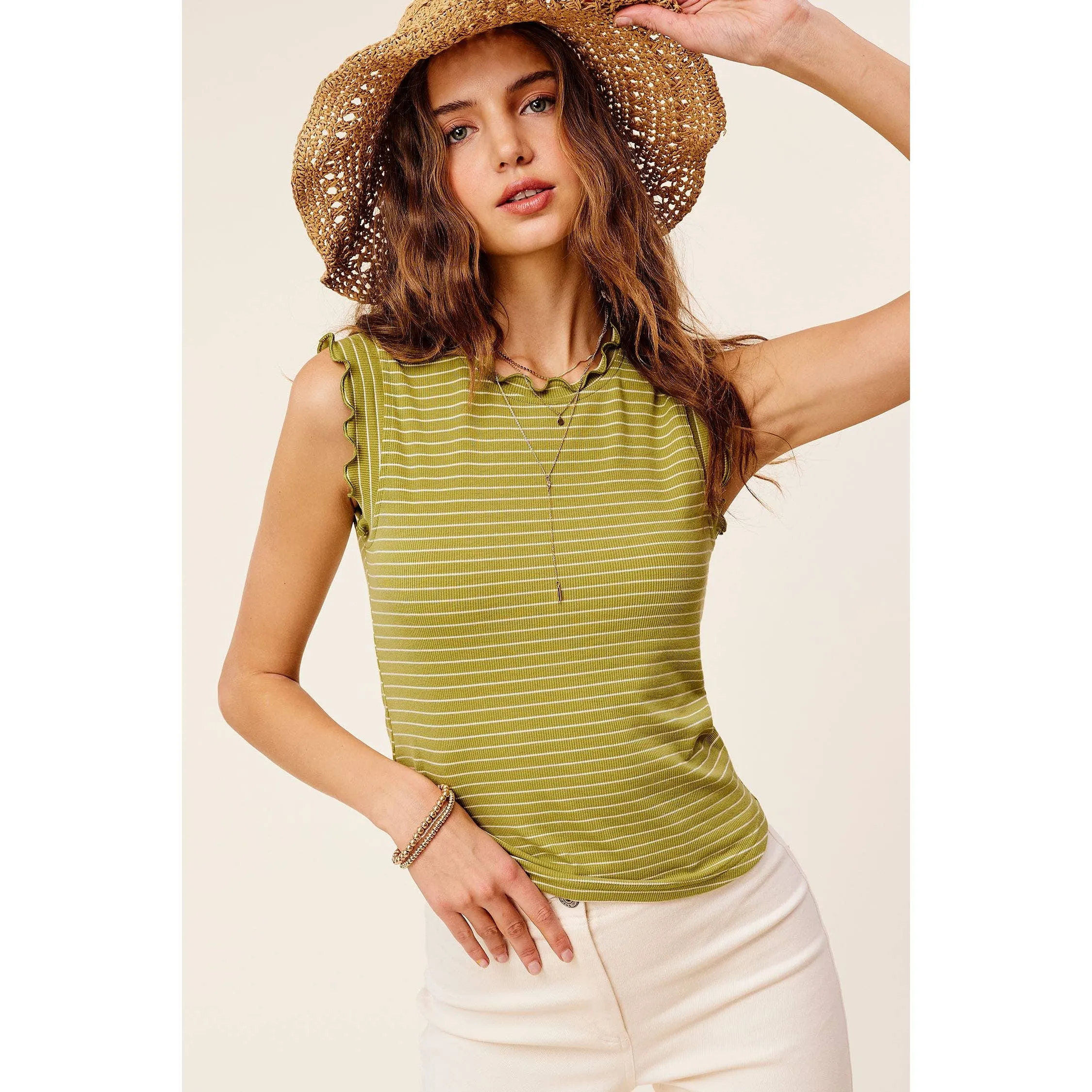 Brushed Stripe Ruffle Sleeve Spring Summer Top