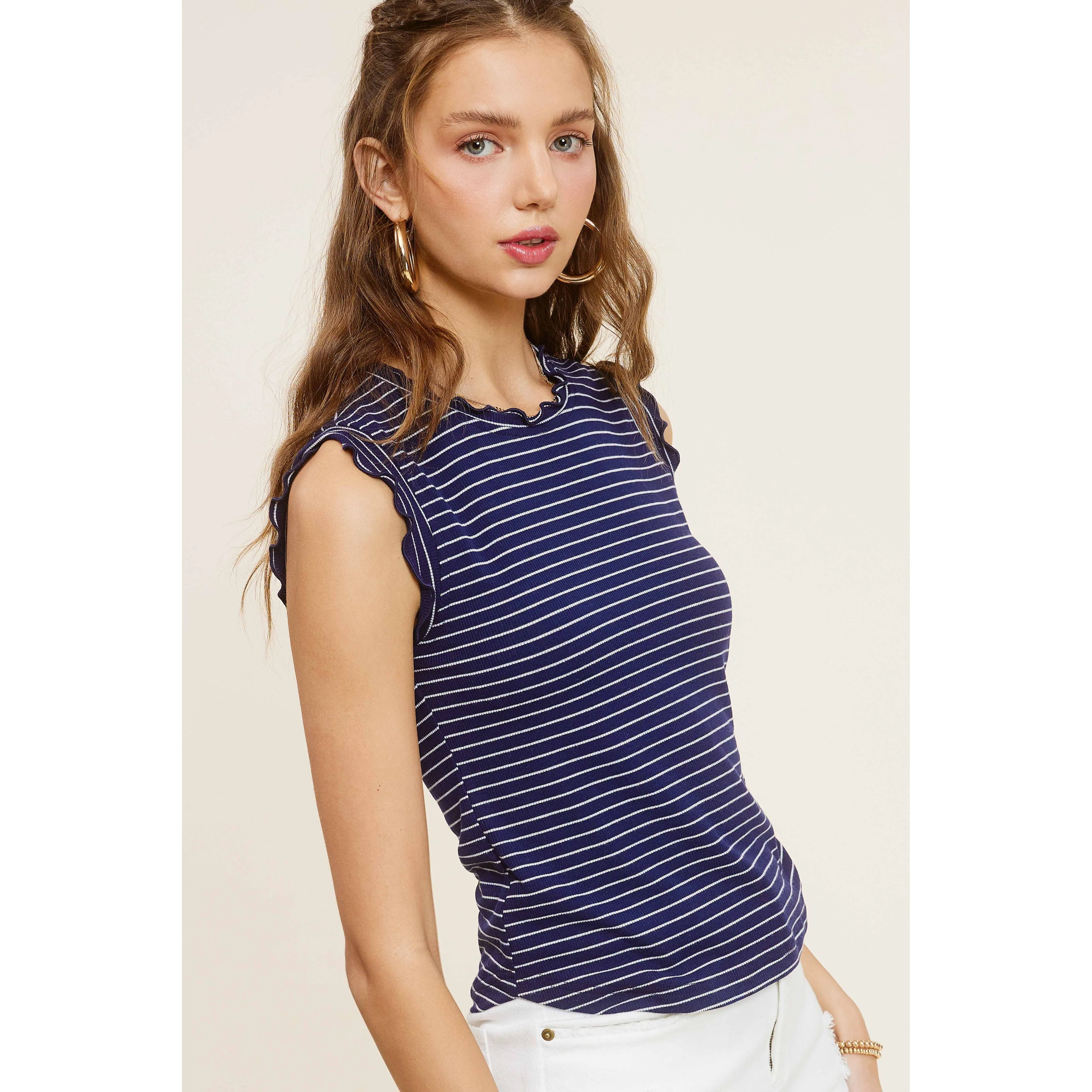 Brushed Stripe Ruffle Sleeve Spring Summer Top