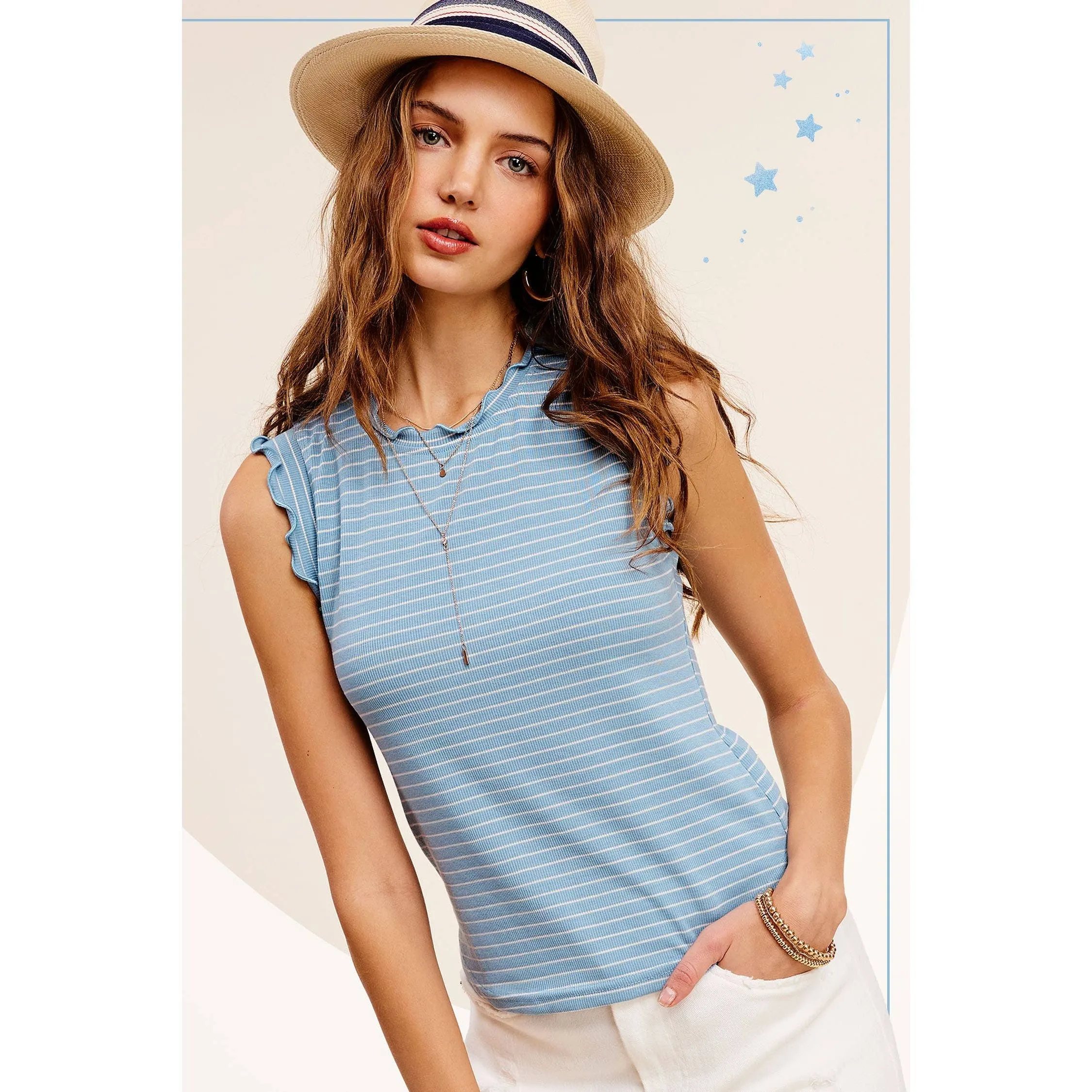 Brushed Stripe Ruffle Sleeve Spring Summer Top