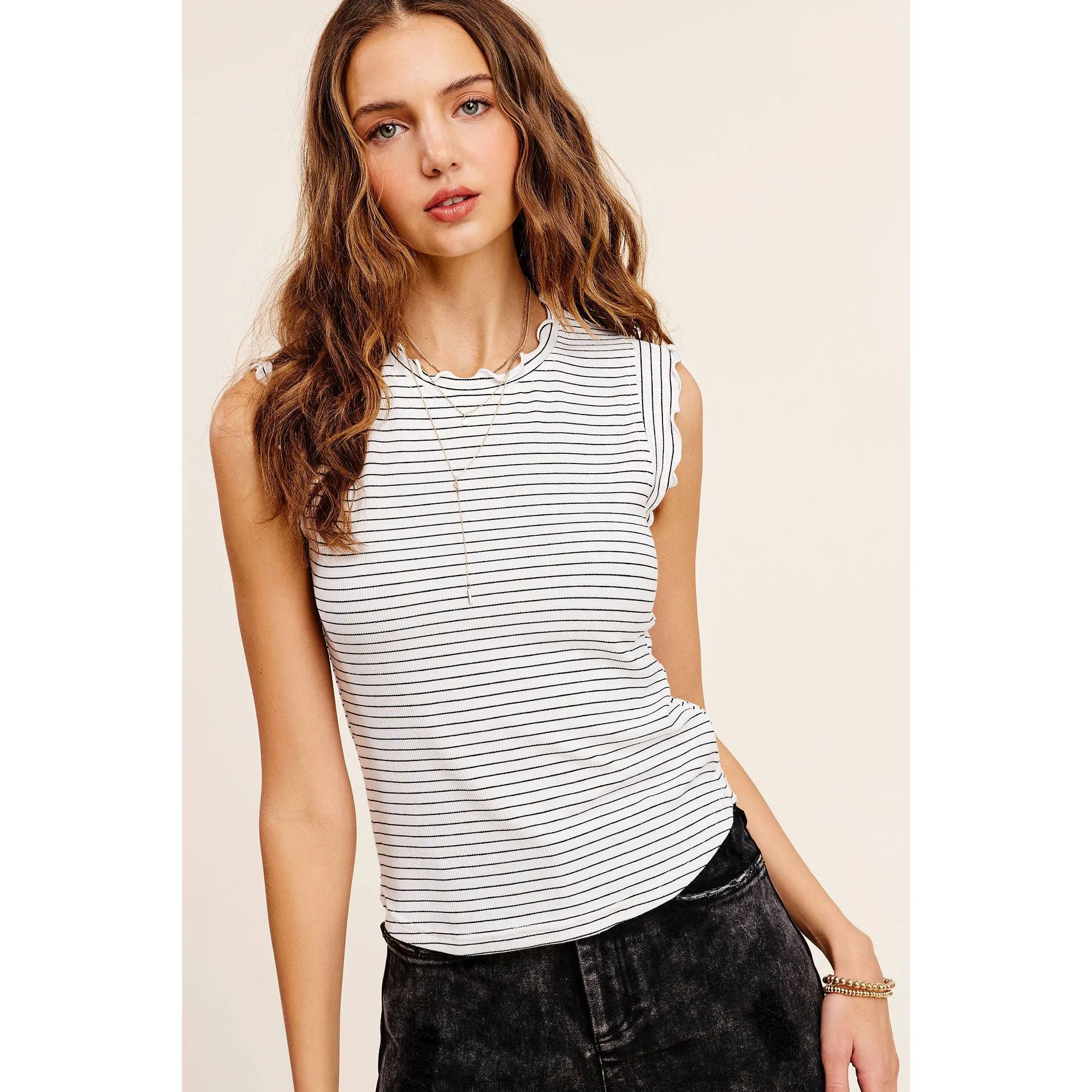 Brushed Stripe Ruffle Sleeve Spring Summer Top