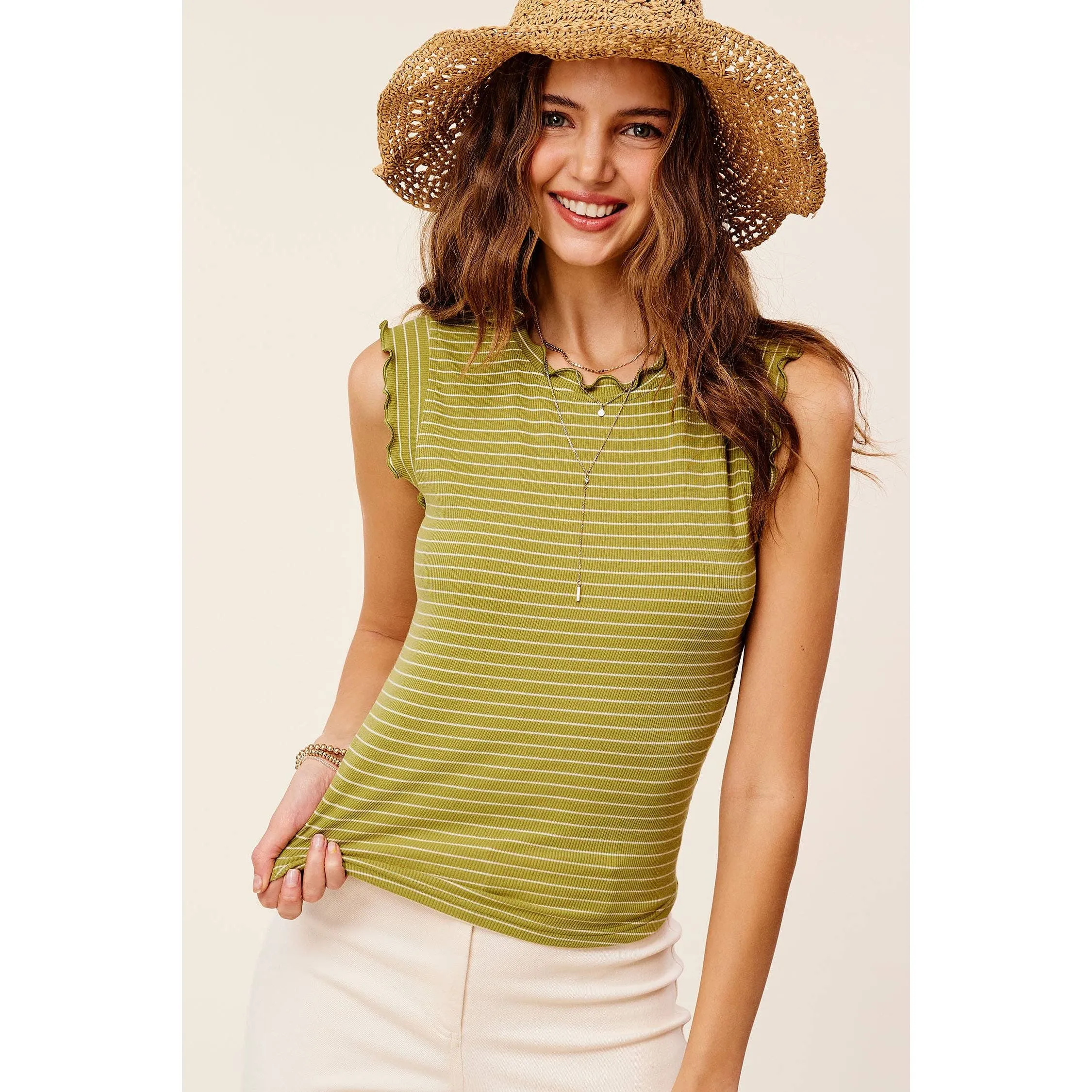 Brushed Stripe Ruffle Sleeve Spring Summer Top