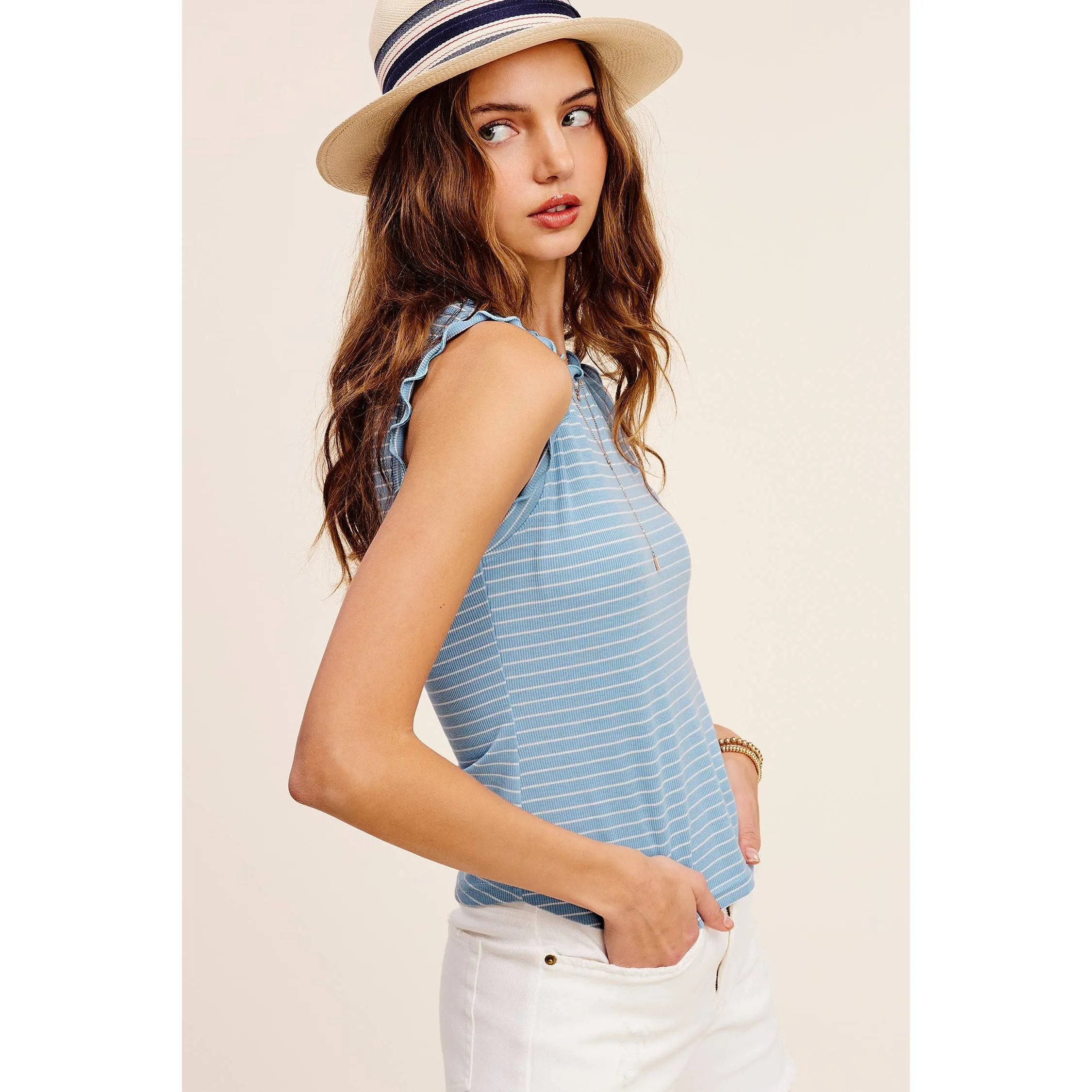 Brushed Stripe Ruffle Sleeve Spring Summer Top