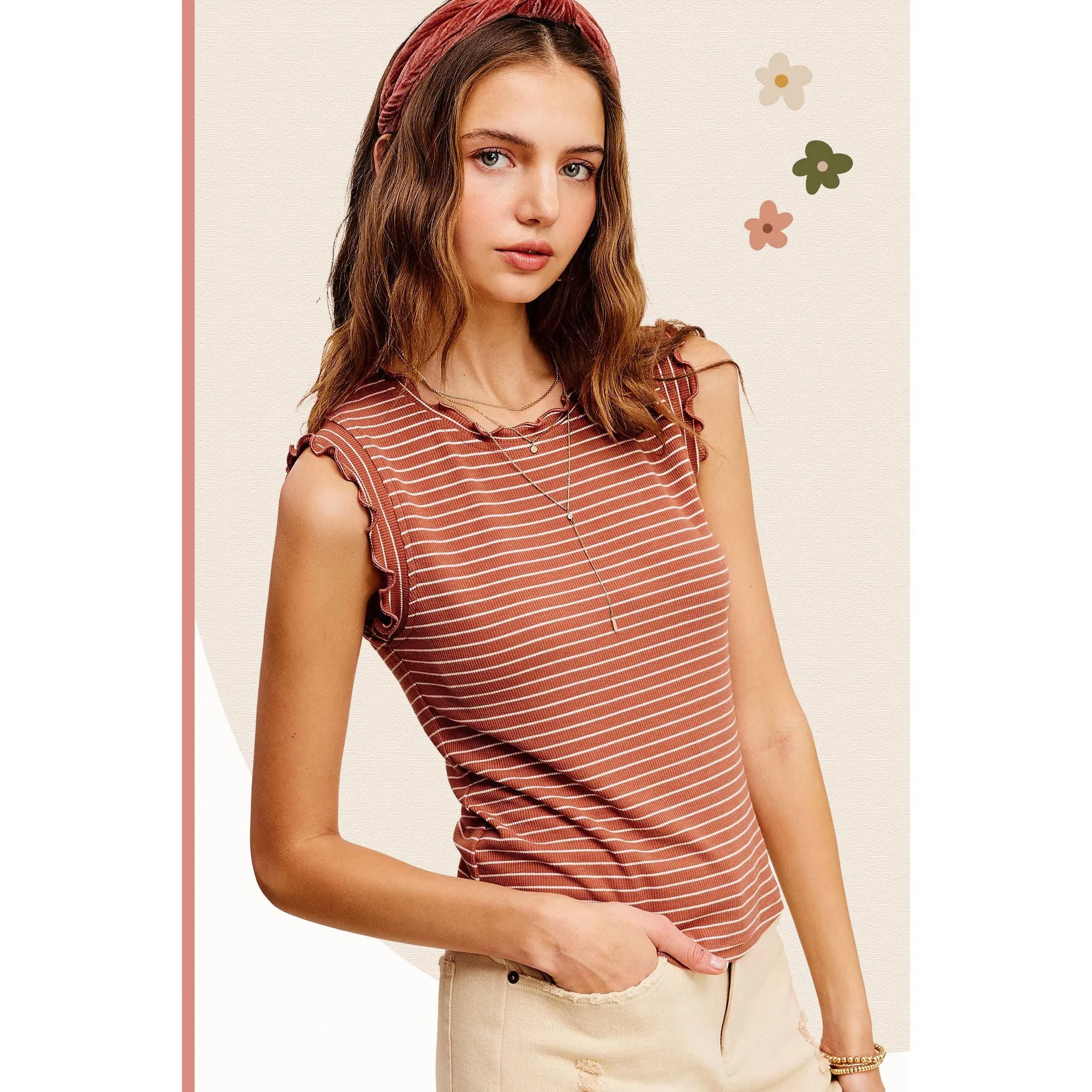 Brushed Stripe Ruffle Sleeve Spring Summer Top