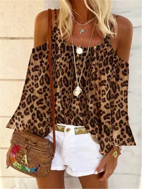 Casual Round Neck Off Shoulder Leopard Print T-Shirts