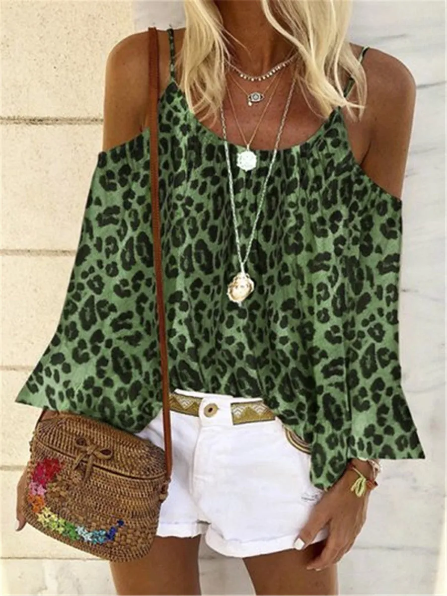 Casual Round Neck Off Shoulder Leopard Print T-Shirts