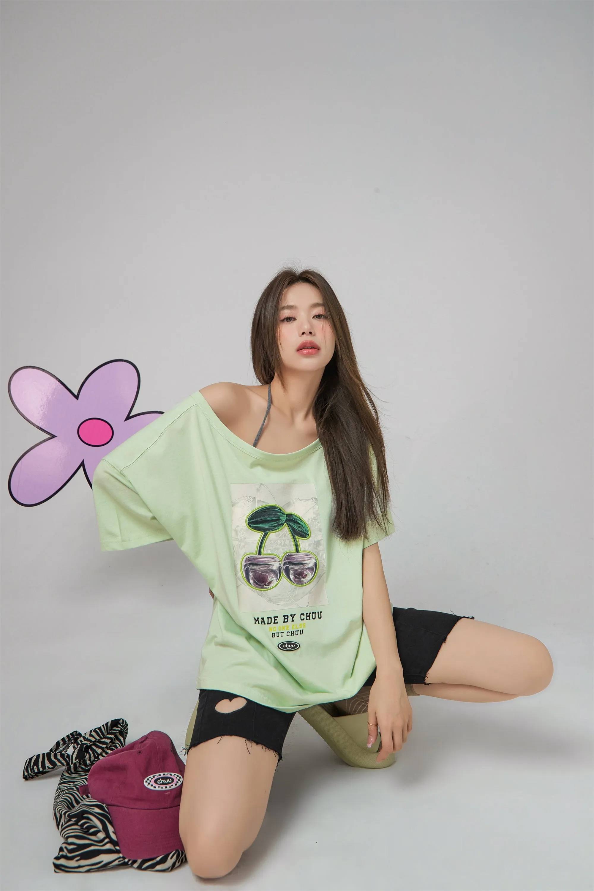 Cherry Off-Shoulder Wide T-Shirt