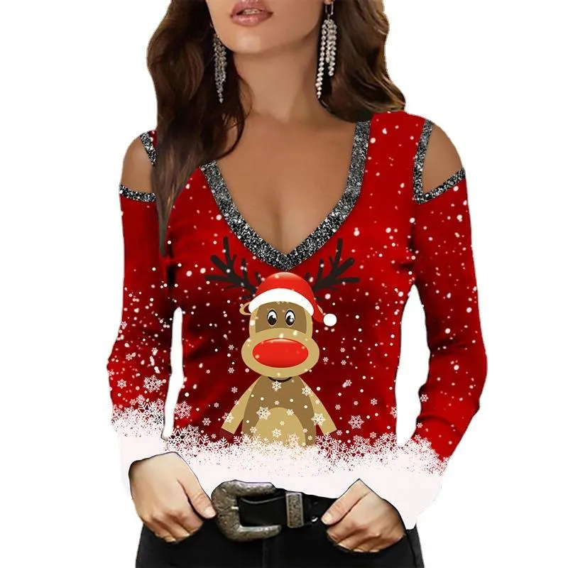 Christmas women's elk print sexy off-the-shoulder top