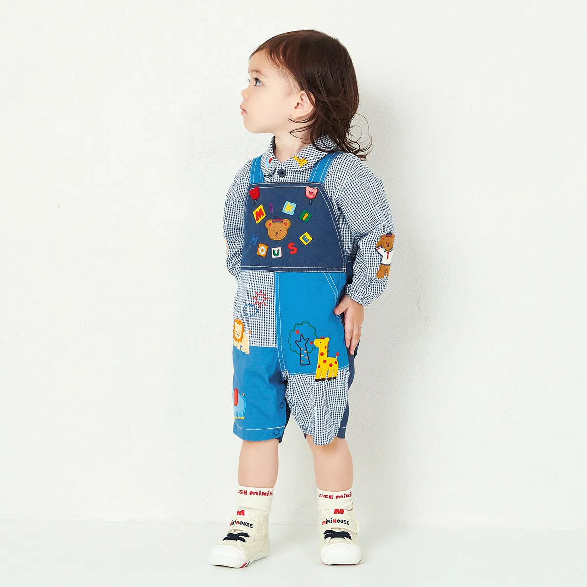 Classic MIKI HOUSE Bear Gingham Patchwork Overalls