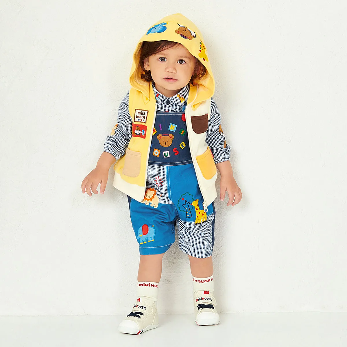 Classic MIKI HOUSE Bear Gingham Patchwork Overalls