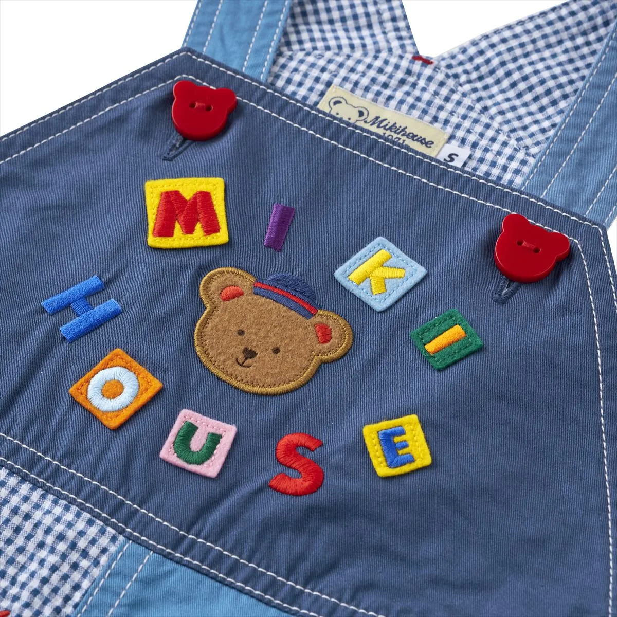 Classic MIKI HOUSE Bear Gingham Patchwork Overalls