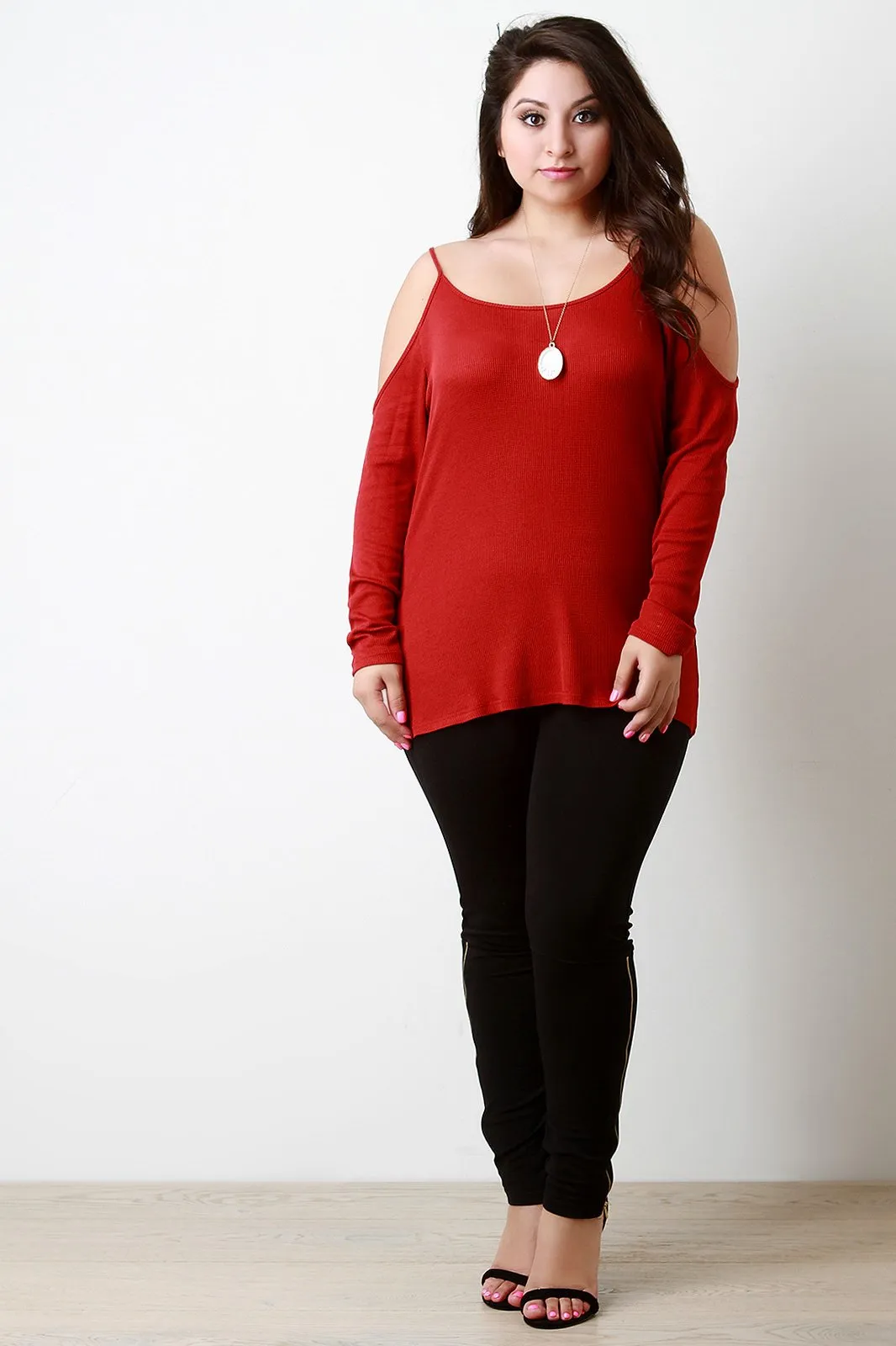 Cold Shoulder Thermal Knit Long Sleeve Top