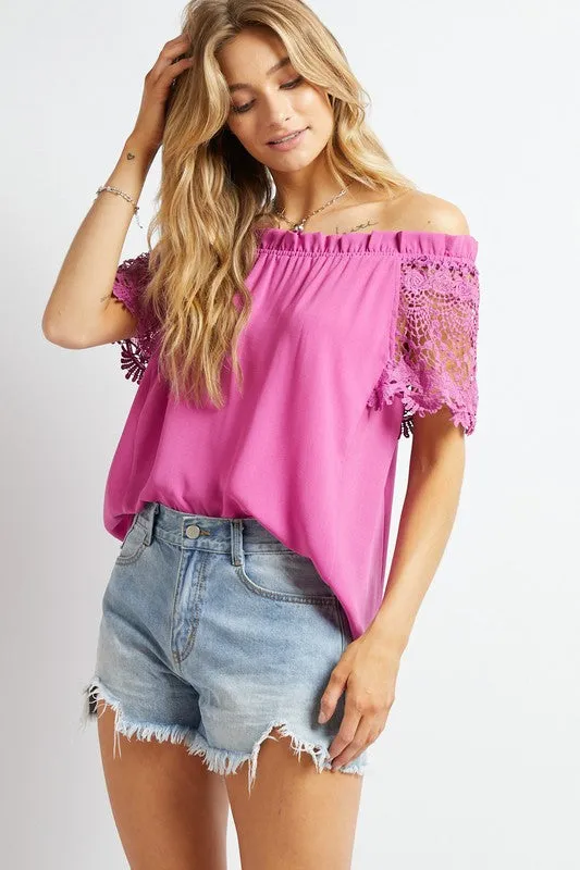 Crochet Lace Sleeveless Accent Off Shoulder Top