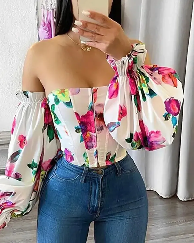 Deanwangkt - Off The Shoulder Lantern Sleeve Floral Print Top