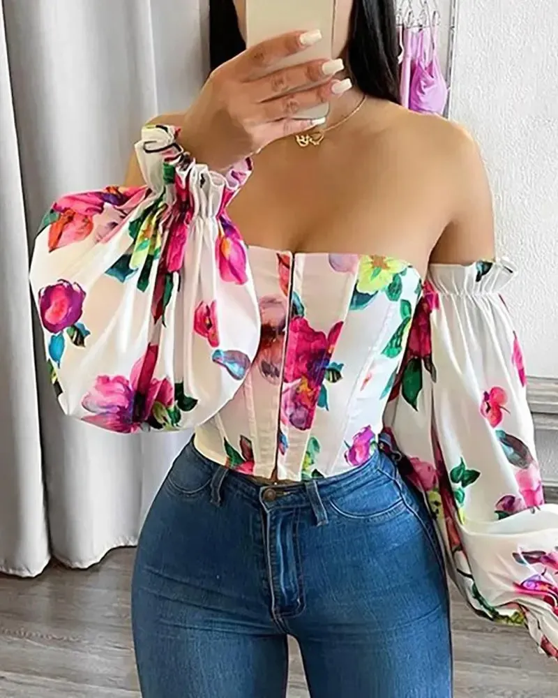 Deanwangkt - Off The Shoulder Lantern Sleeve Floral Print Top