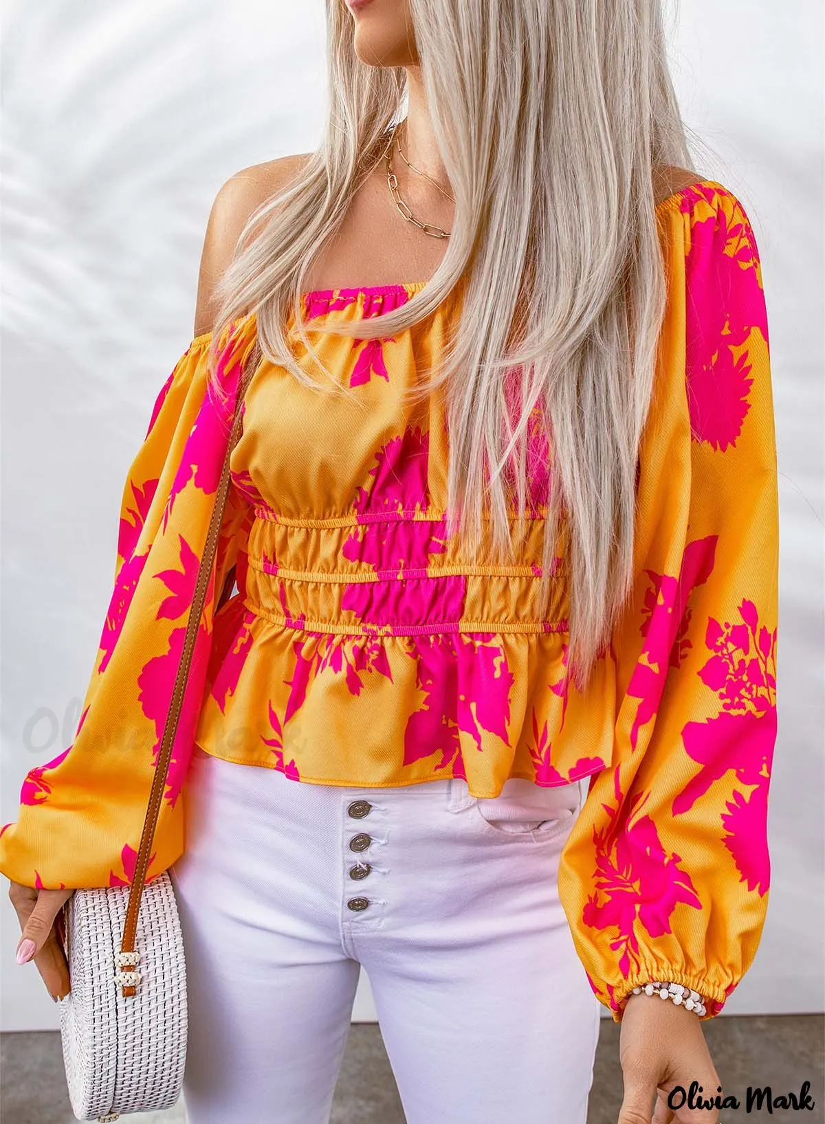 Deanwangkt - Yellow Floral Print Off Shoulder Puff Sleeve Blouse