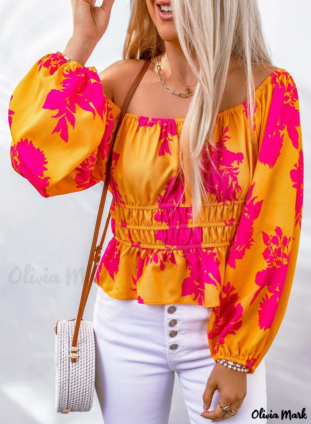 Deanwangkt - Yellow Floral Print Off Shoulder Puff Sleeve Blouse