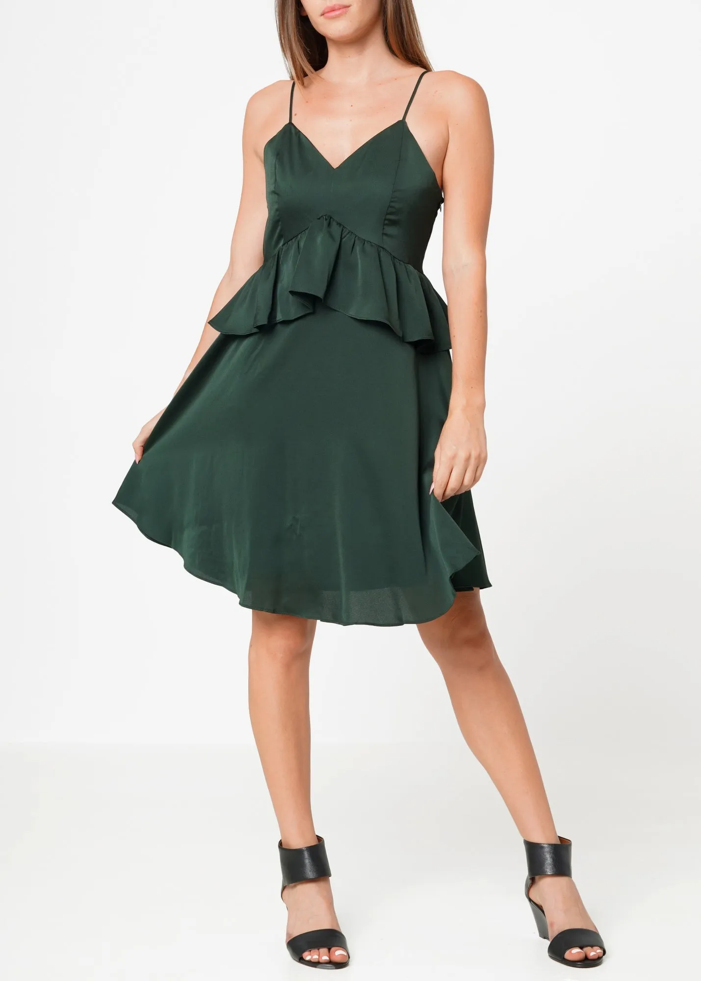 Deep V-neck Ruffle Baby Doll Dress In Hunter Green by Shop at Konus