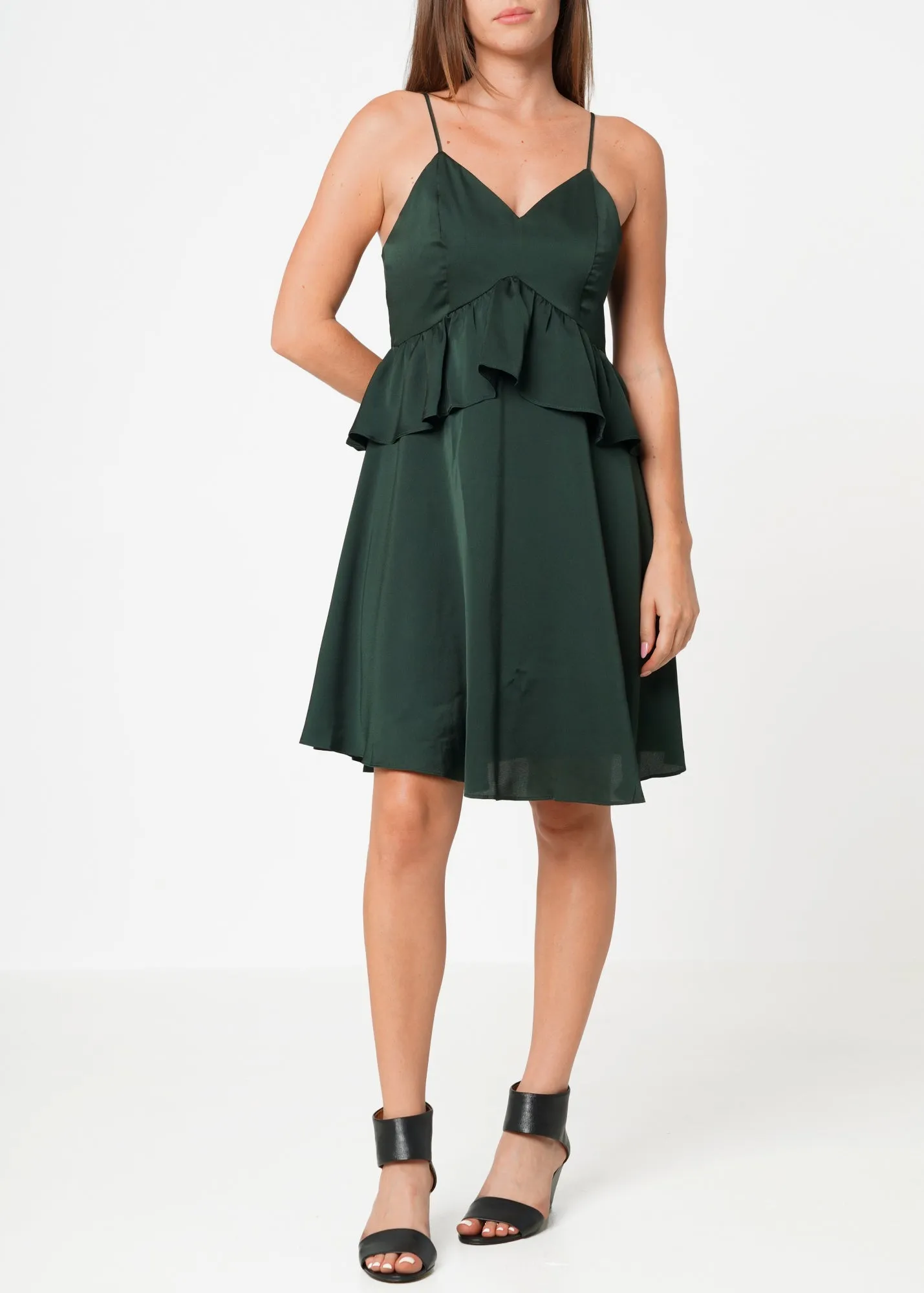 Deep V-neck Ruffle Baby Doll Dress In Hunter Green by Shop at Konus