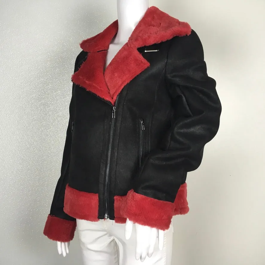 DH New York Black and Red Color Faux Leather Fur Shearling Zip Up Bomber Jacket