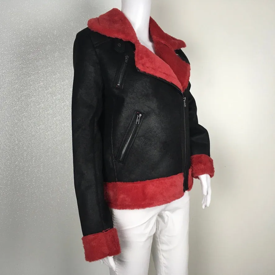 DH New York Black and Red Color Faux Leather Fur Shearling Zip Up Bomber Jacket