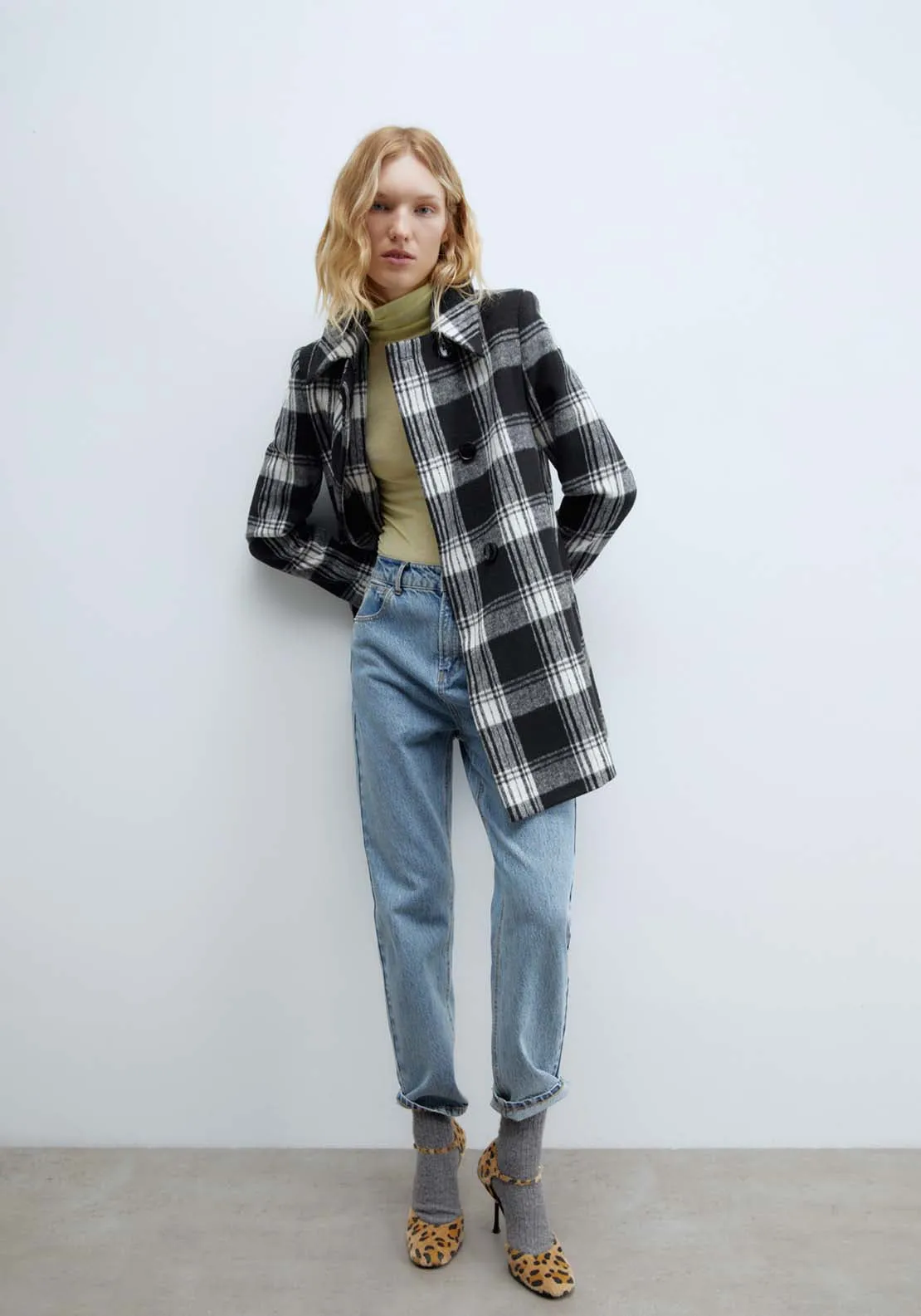 Double Breasted Coat - Black Check