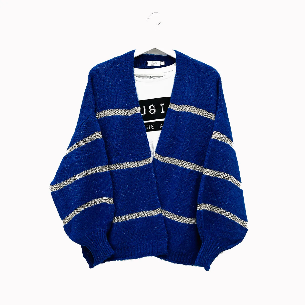 Electric Blue Disco Cardigan With Metallic Stripe - ONE SIZE