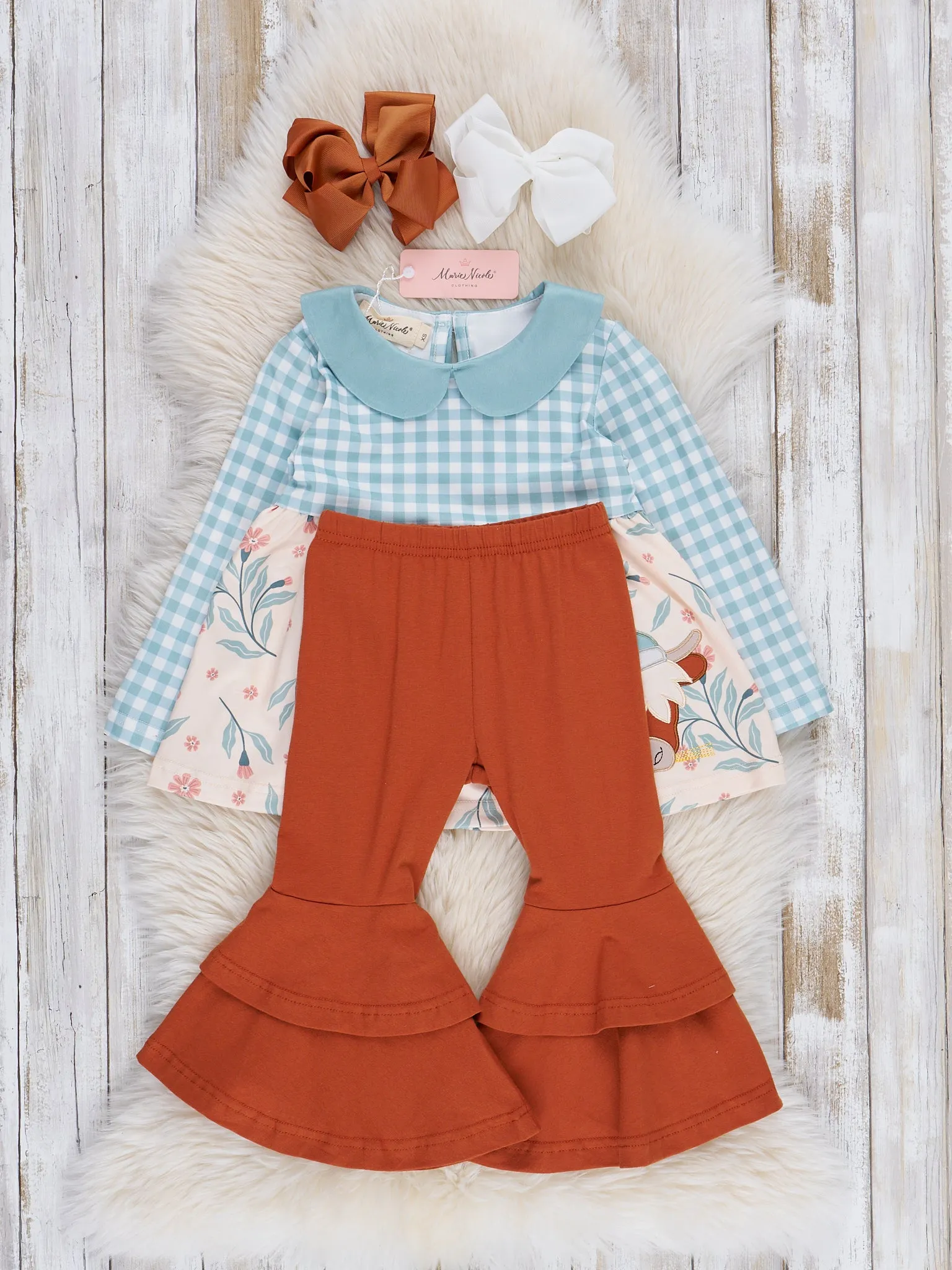 Embroidered Christmas Cow Gingham Bell Bottoms Outfit