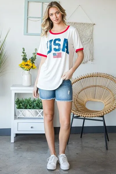 Full Size USA Contrast Trim Short Sleeve T-Shirt