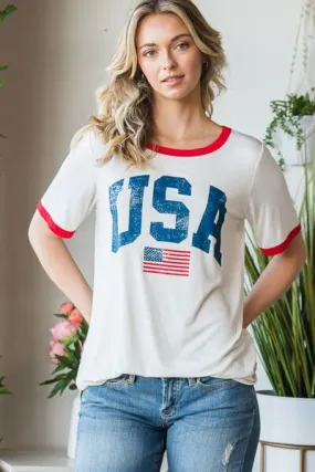 Full Size USA Contrast Trim Short Sleeve T-Shirt