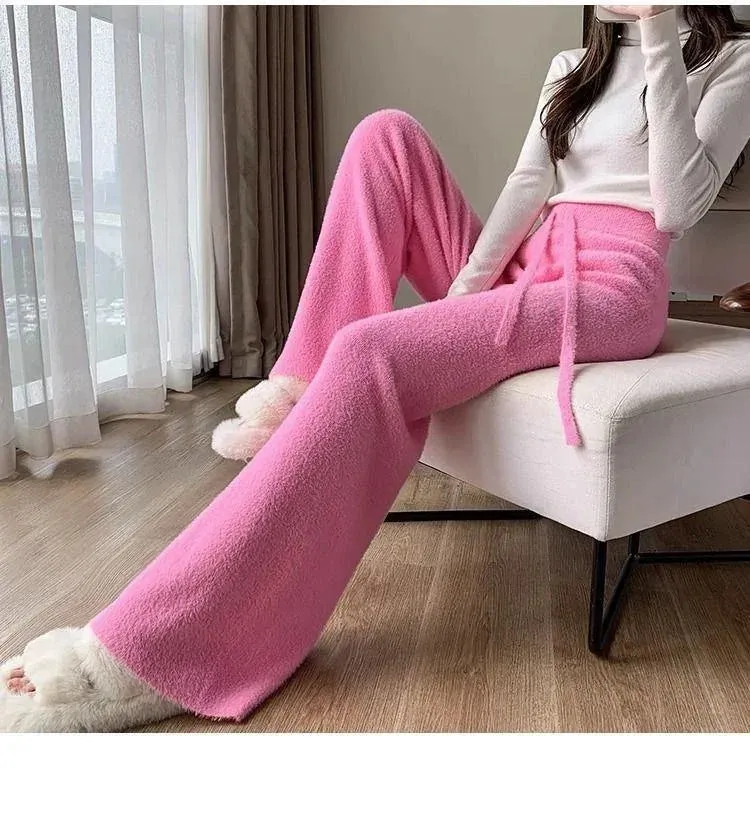 Fuzzy Wide-Leg Stylish Drawstring Sweat Pants