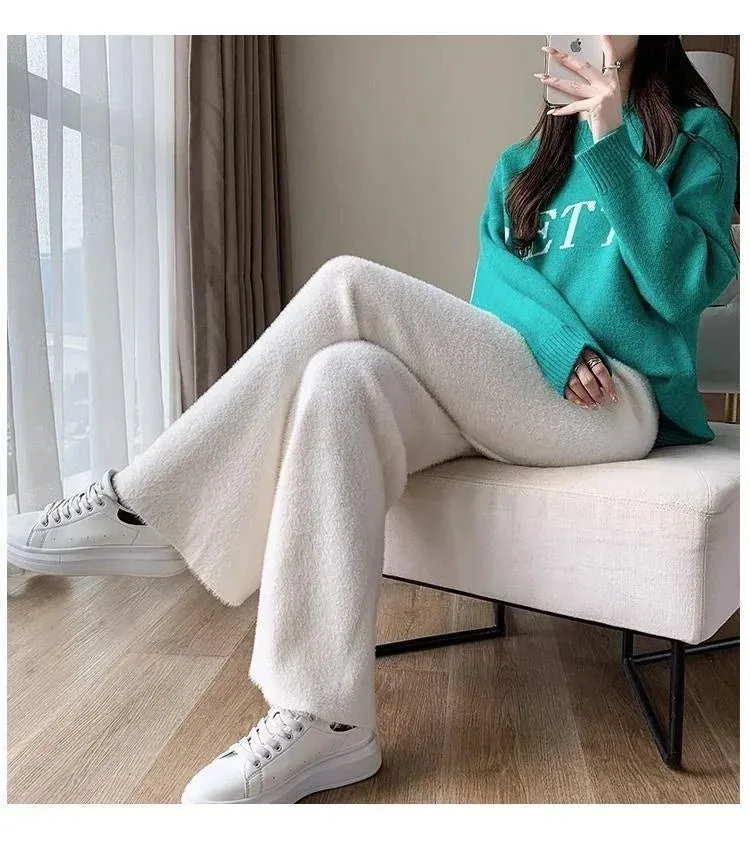 Fuzzy Wide-Leg Stylish Drawstring Sweat Pants