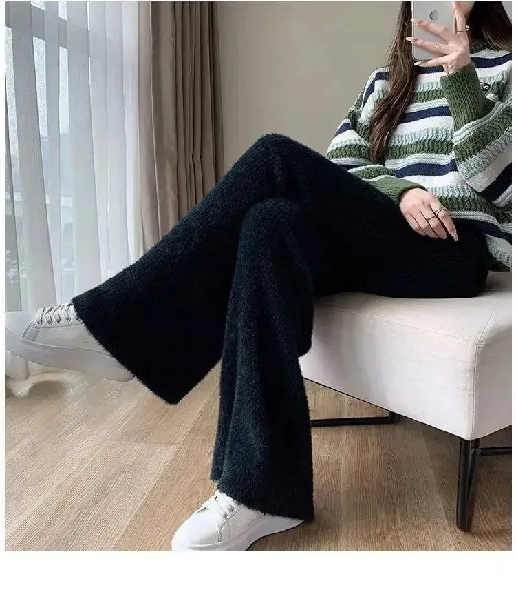 Fuzzy Wide-Leg Stylish Drawstring Sweat Pants