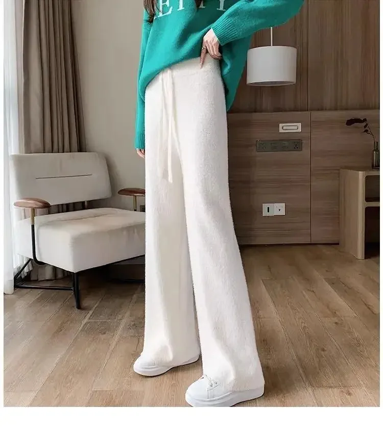 Fuzzy Wide-Leg Stylish Drawstring Sweat Pants