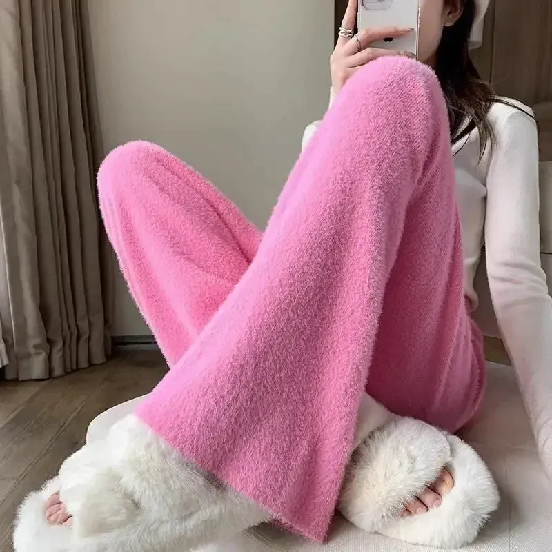 Fuzzy Wide-Leg Stylish Drawstring Sweat Pants