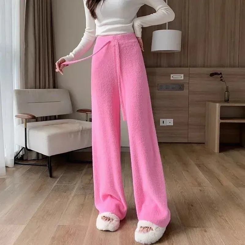 Fuzzy Wide-Leg Stylish Drawstring Sweat Pants