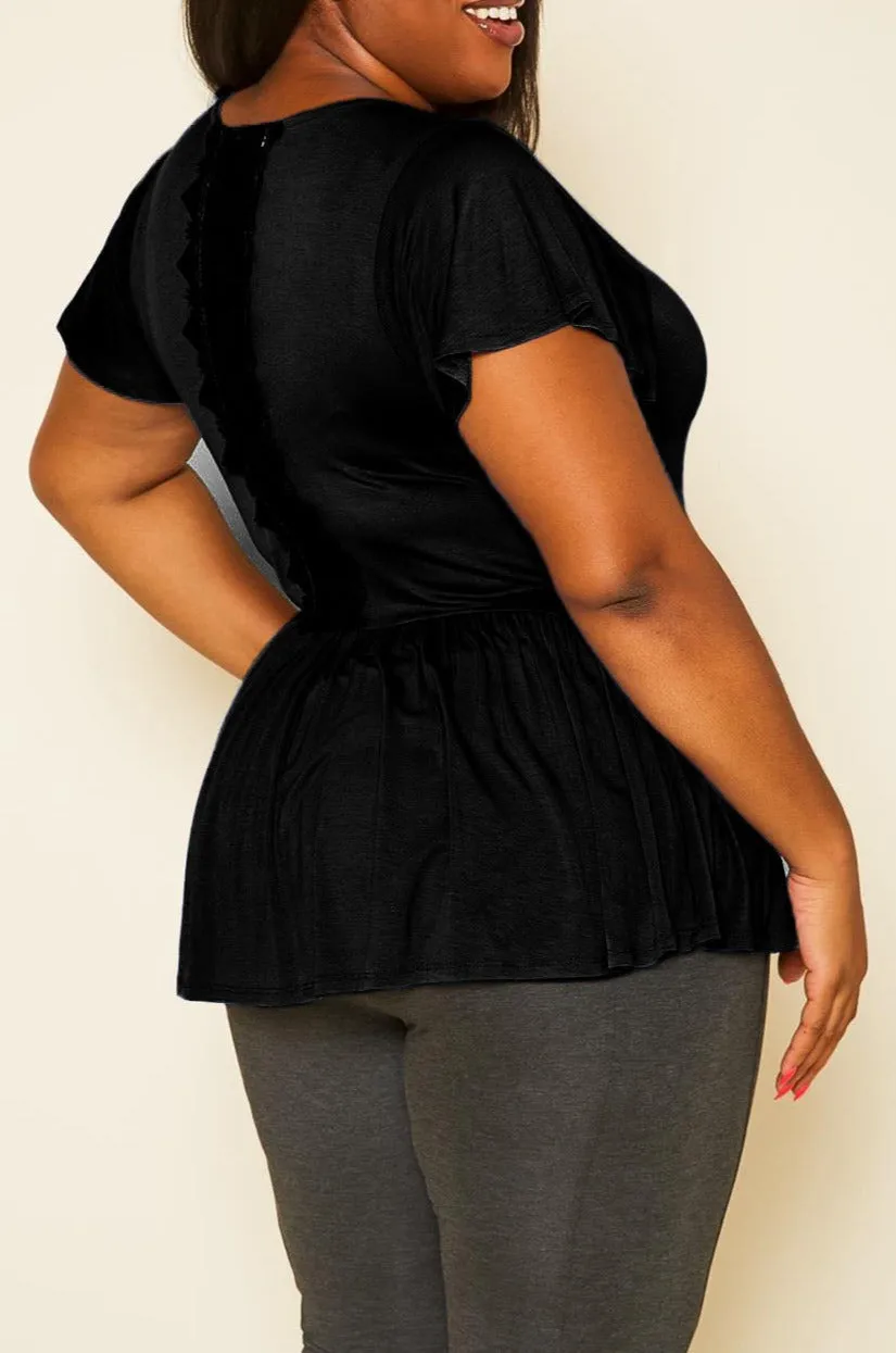 HI Curvy Plus Size Women Embroidered Peplum Short sleeve T-Shirts