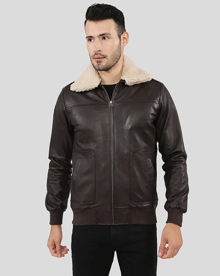 Knox Brown Bomber Leather Jacket with Removable Collar